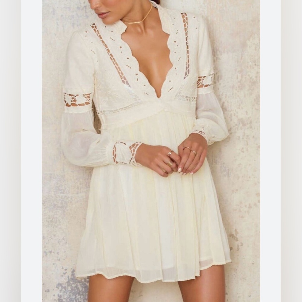Free People Cream Dreamland Cutework Mini Dress Plunge Bishop Sleeve Dress